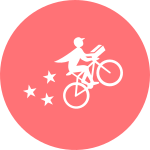 A person on a bicycle with stars in the background.